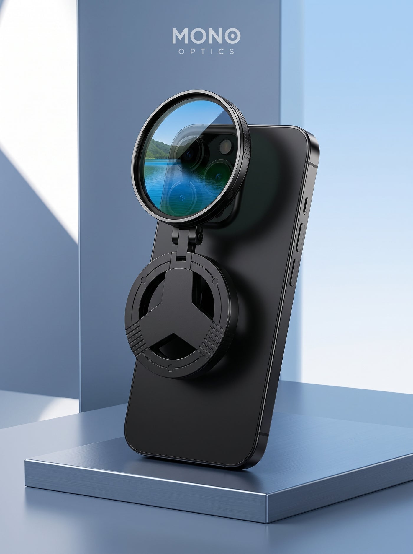 A MONO Vision Pro lens filter clipped onto a smartphone, set against a slate blue and soft sky blue background, highlighting 