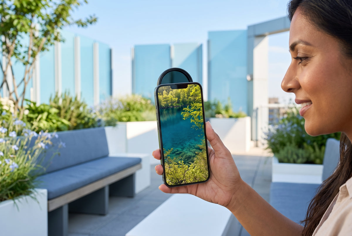 A smiling South Asian woman holds a smartphone with a MONO Vision Pro lens filter, outdoors in a modern, sunlit setting.