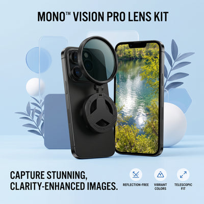 MONO Vision Pro lens kit on a light blue surface, attached to a smartphone capturing a vibrant, reflection-free landscape.